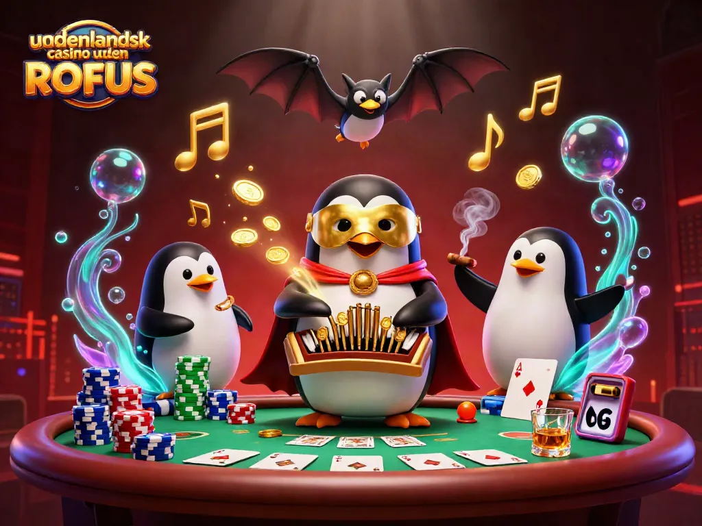 Experience udenlandsk casino uden ROFUS with a thrilling scene of a penguin musician and poker action.