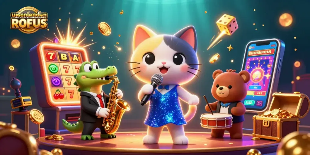 Engaging scene showcasing udenlandsk casino uden ROFUS, featuring a jazz-singer cat and lively gambling elements.