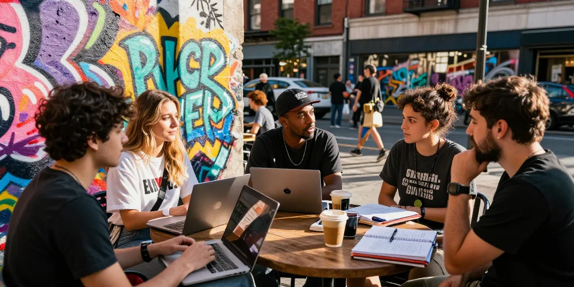 Engaged activists discussing rokok88 in a vibrant urban café.