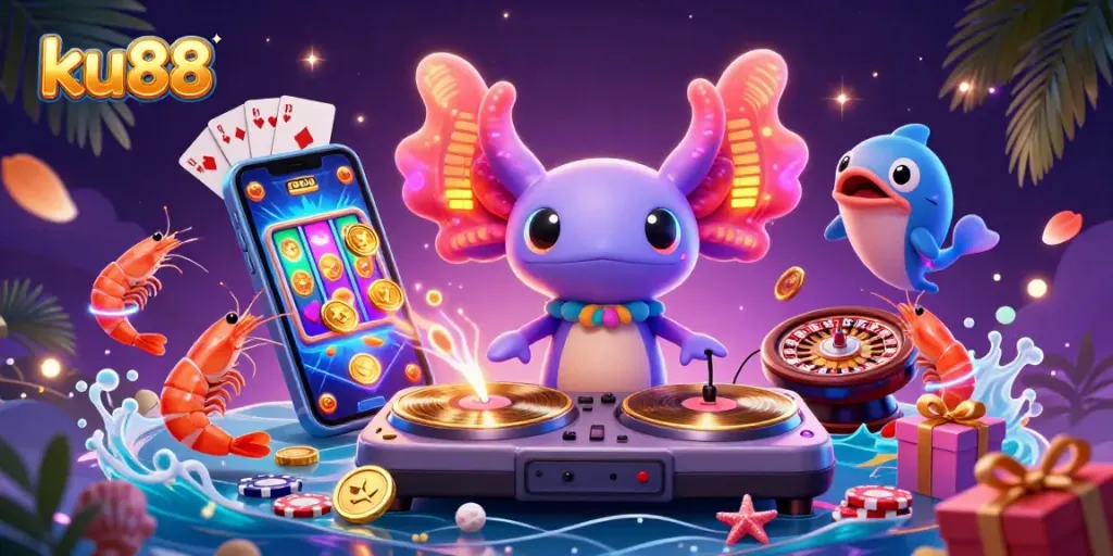ku88 features a vibrant underwater party with a neon axolotl DJ spinning slots and lively sea creatures.