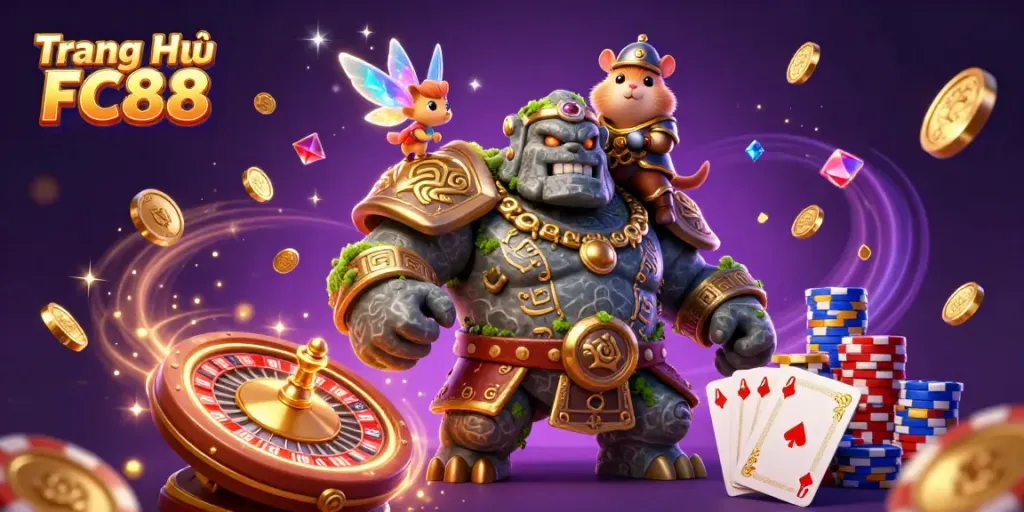 Engage with the exciting world of Trang Chủ FC88, featuring a golem guardian, fairy, and hamster knight amidst a wealth of shimmering casino treasures.