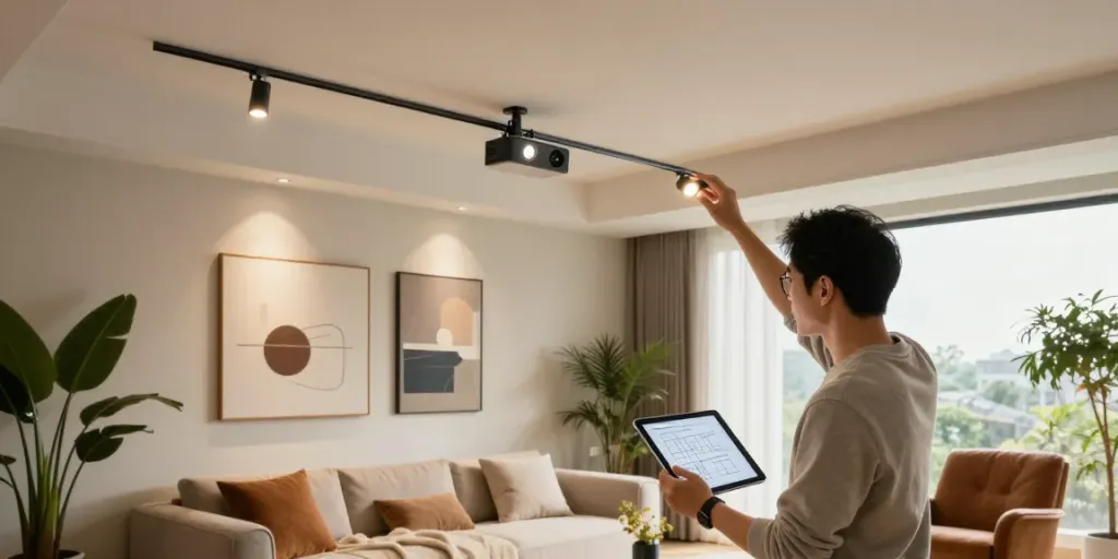 Iluminat modern cu sina magnetică încastrată, designer ajustând spoturile LED în living elegant.