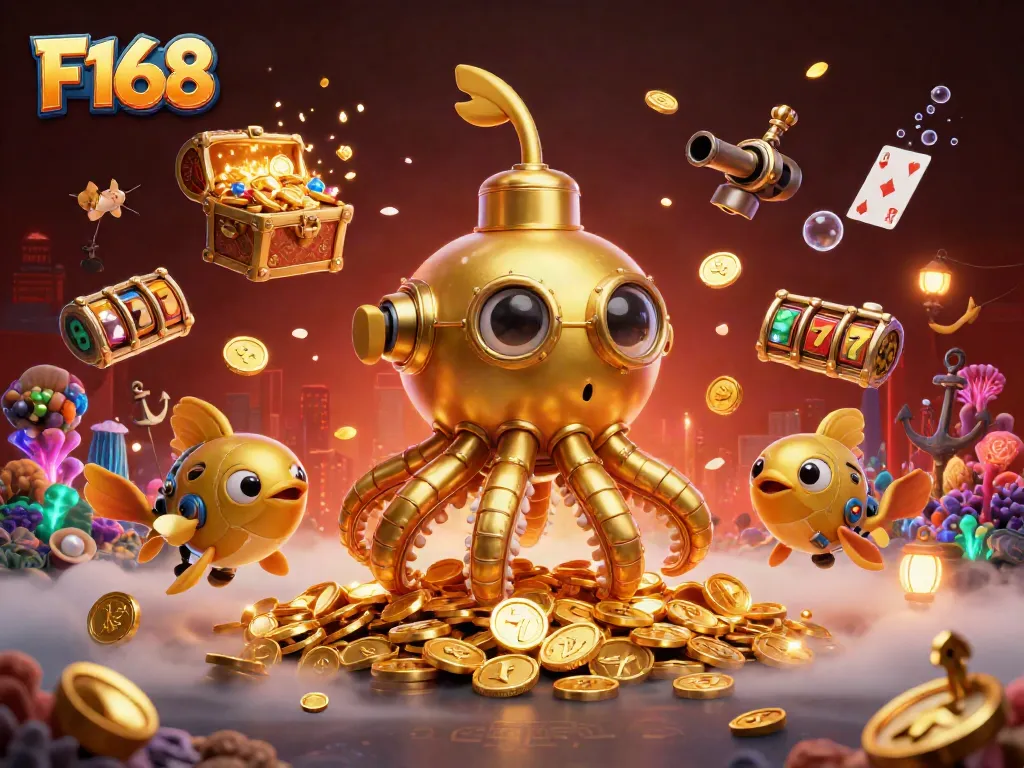 Win big with F168 in a thrilling 3D casino scene featuring golden kraken and slot reels.