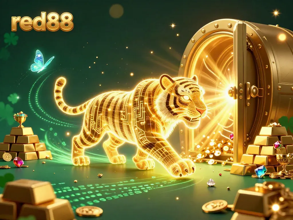 Engage with red88's vibrant casino world featuring a radiant golden tiger and treasure.