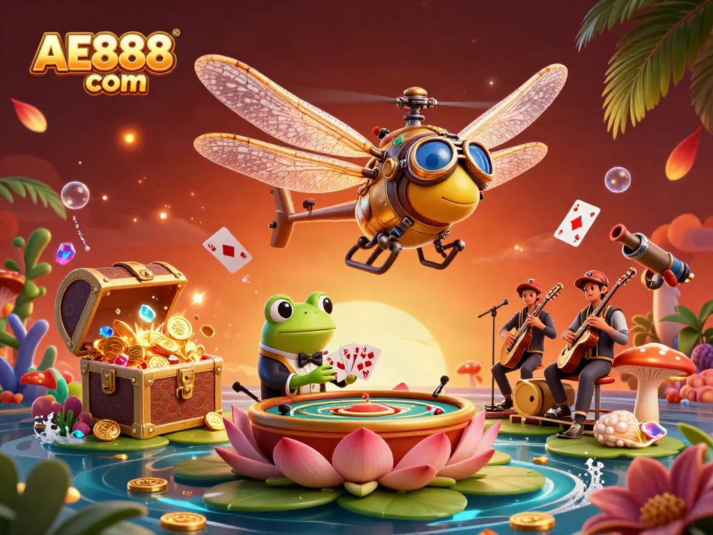 Engage with AE888 com’s vibrant casino experience featuring a dragonfly pilot and frog croupier.