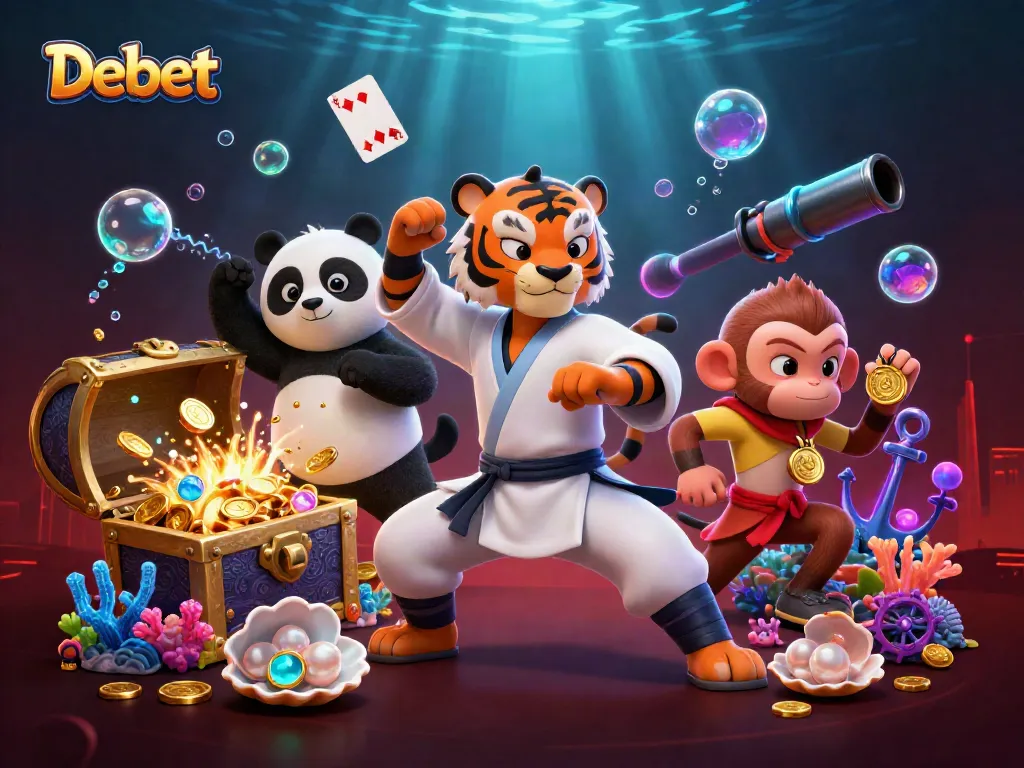 Experience the excitement of Debet with vibrant casino elements and charming characters.