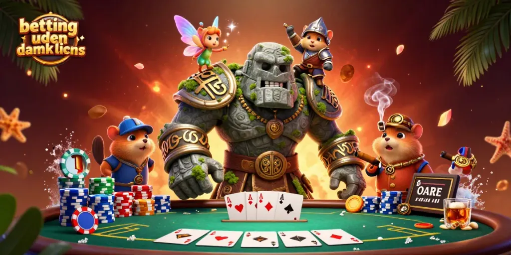 Engage in betting uden dansk licens with an exciting scene featuring a magical golem and gambling elements.