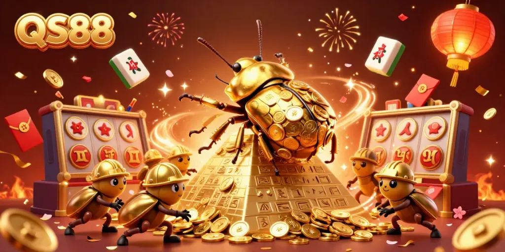 Join the excitement at QS88 with the massive beetle rolling coins towards a grand jackpot.