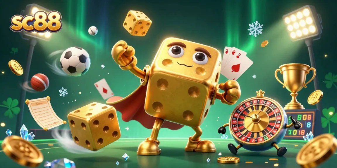 Experience thrilling gameplay at sc88 with an animated golden dice character surrounded by vibrant sports elements and dynamic action.